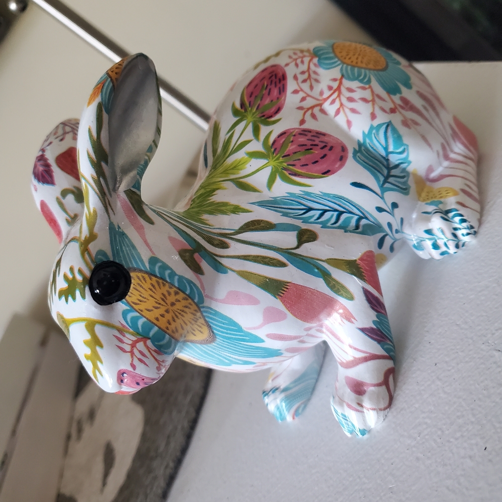 T.J.Maxx White Ceramic Bunny with Multicolor Floral Motif